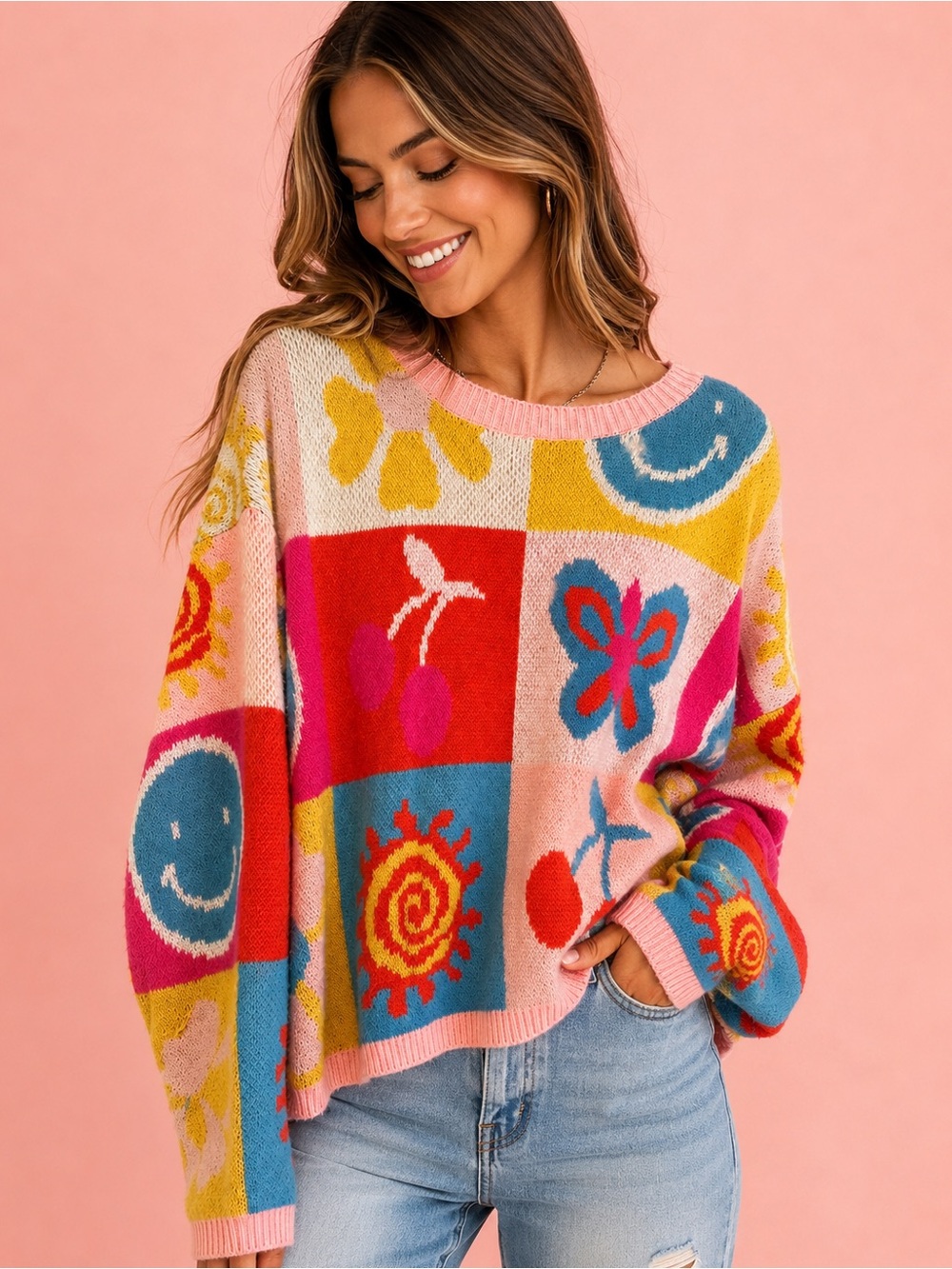 debut Colorblock Graphic Crewneck Sweater (680678) 🦋 🙂 🍒